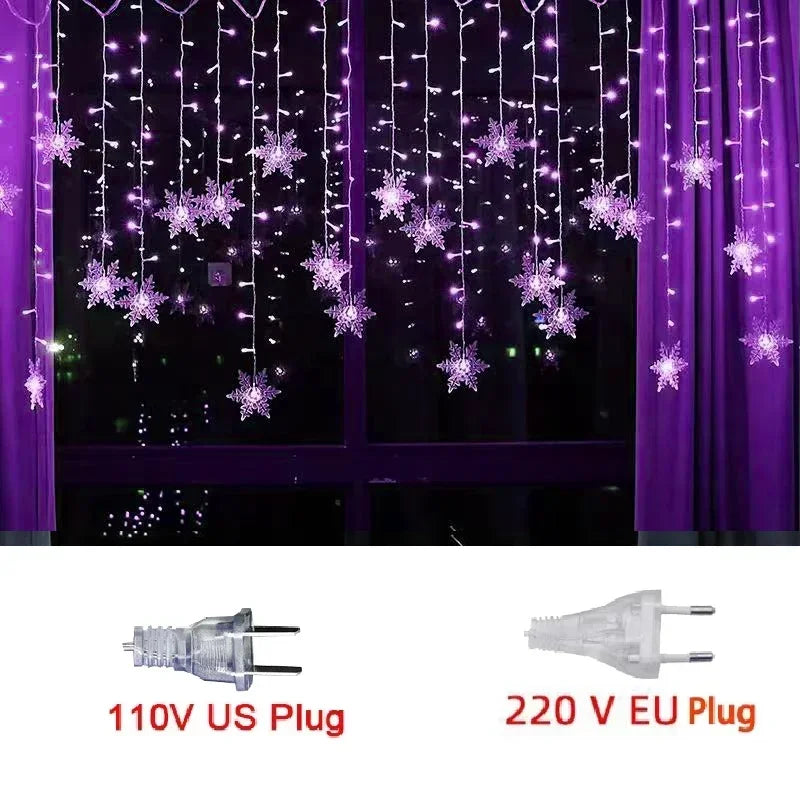 110V/220V 8-Mode Snowflake String Lights, LED Christmas Lights Decor for Indoor/Outdoor, Garden Bedroom Party Decorations