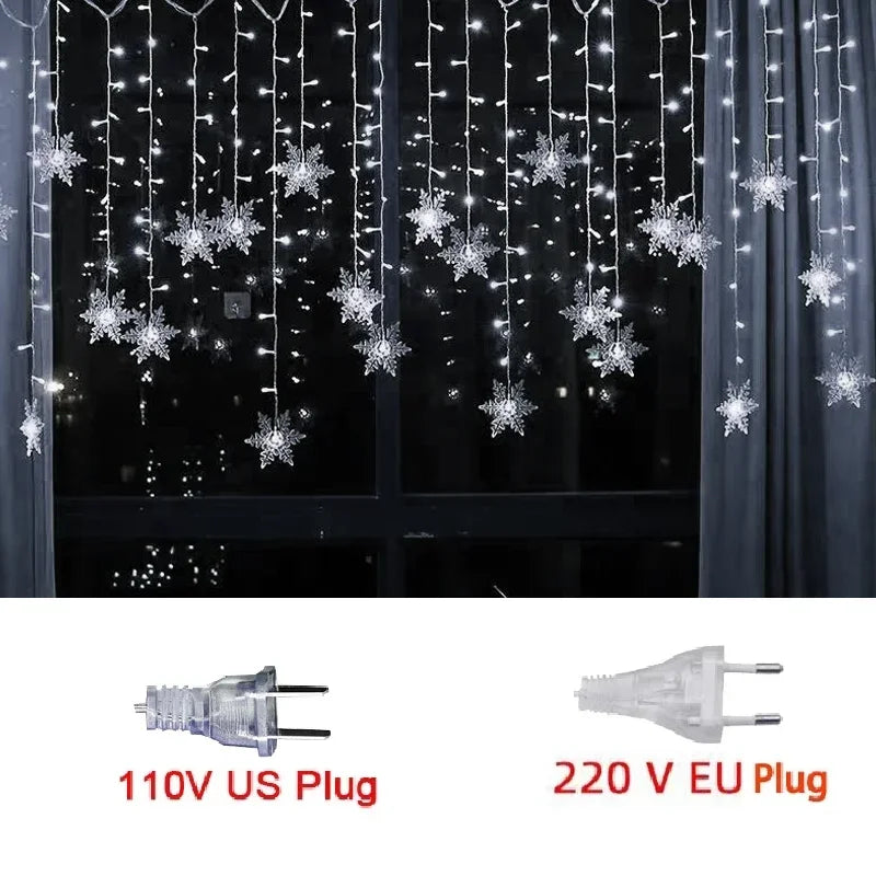 110V/220V 8-Mode Snowflake String Lights, LED Christmas Lights Decor for Indoor/Outdoor, Garden Bedroom Party Decorations