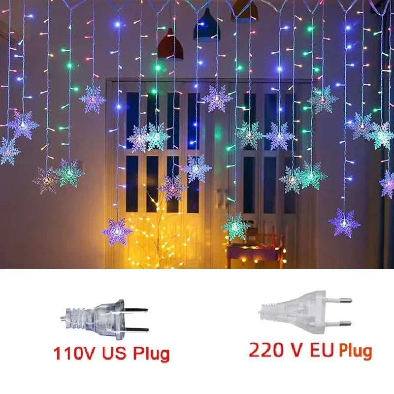 110V/220V 8-Mode Snowflake String Lights, LED Christmas Lights Decor for Indoor/Outdoor, Garden Bedroom Party Decorations
