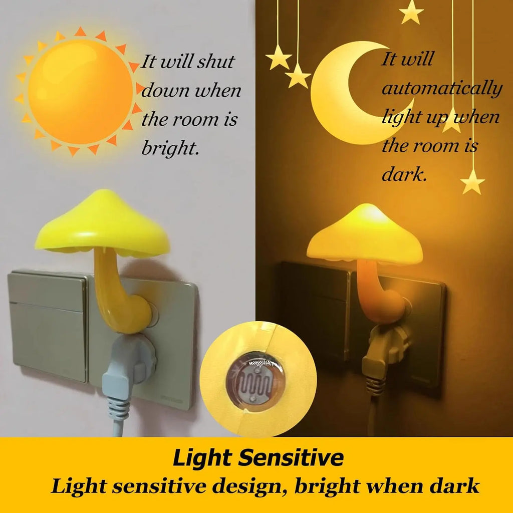 Bedroom Led Night Light Mushroom Wall Socket Lamp EU US Plug Warm White Light-Control Sensor Bedroom Light Home Decoration