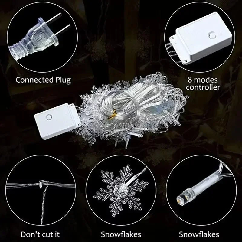 110V/220V 8-Mode Snowflake String Lights, LED Christmas Lights Decor for Indoor/Outdoor, Garden Bedroom Party Decorations