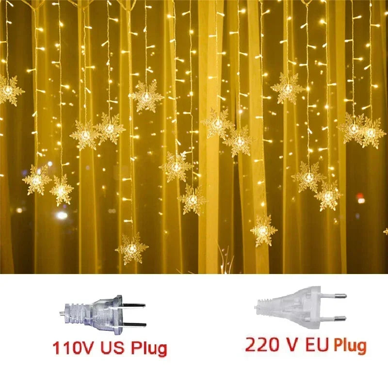 110V/220V 8-Mode Snowflake String Lights, LED Christmas Lights Decor for Indoor/Outdoor, Garden Bedroom Party Decorations